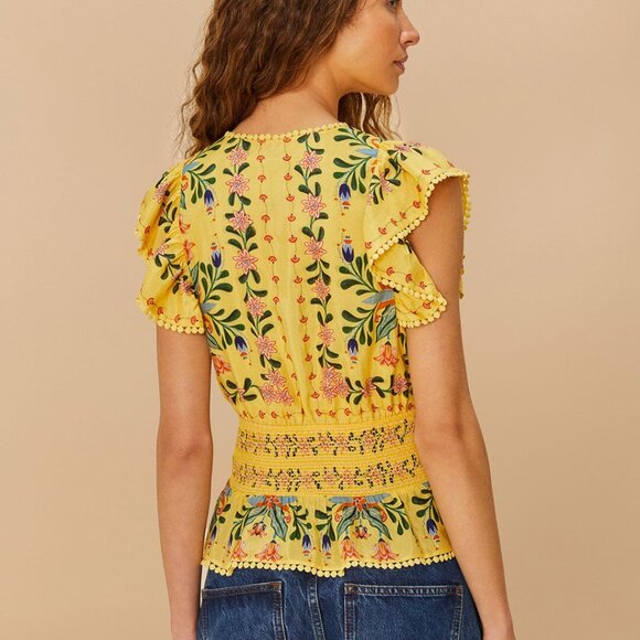 Yellow Delicate Flowers Stripes Blouse (M) - Picture 3 of 6